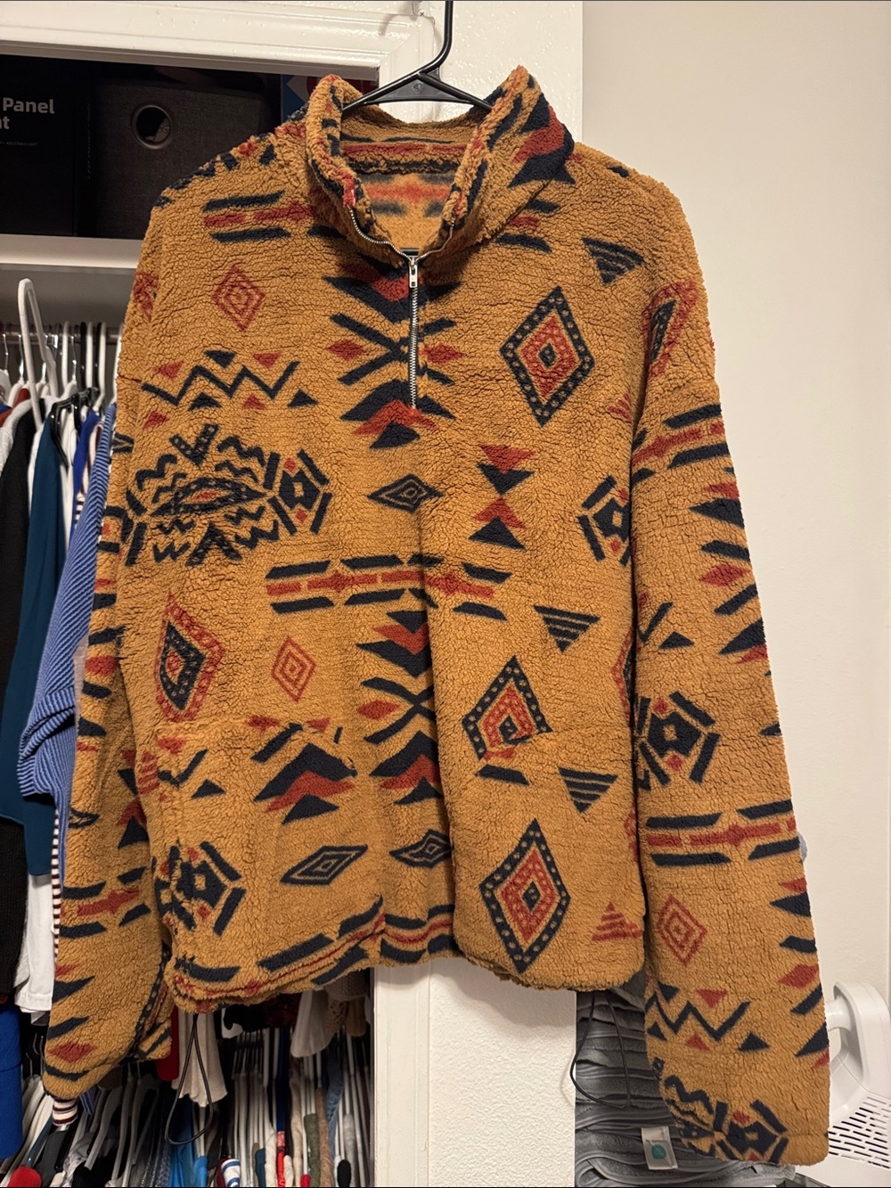 Quarter-Zip Aztec Sherpa Pullover - Mustard with Black & Rust Patterns